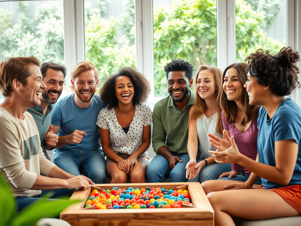 Группа молодых людей улыбается и смеется, сидя рядом с игровым столом, наполненным цветными шариками.