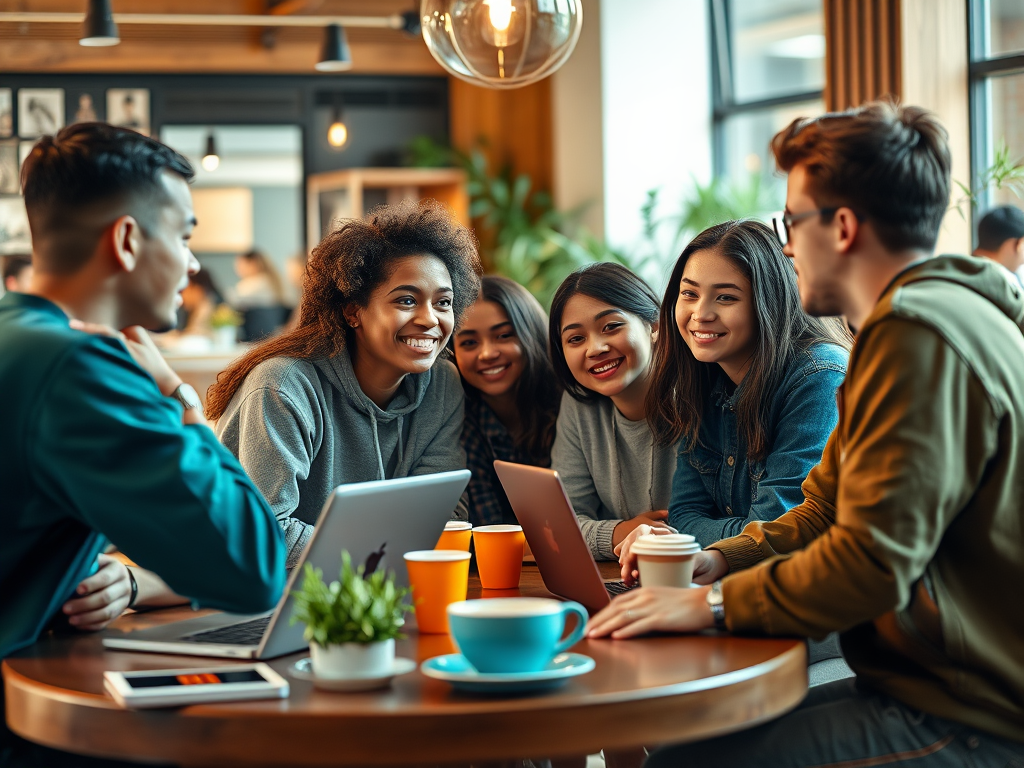 Группа молодых людей обсуждает идеи за столом в уютной кафе с ноутбуками и напитками.
