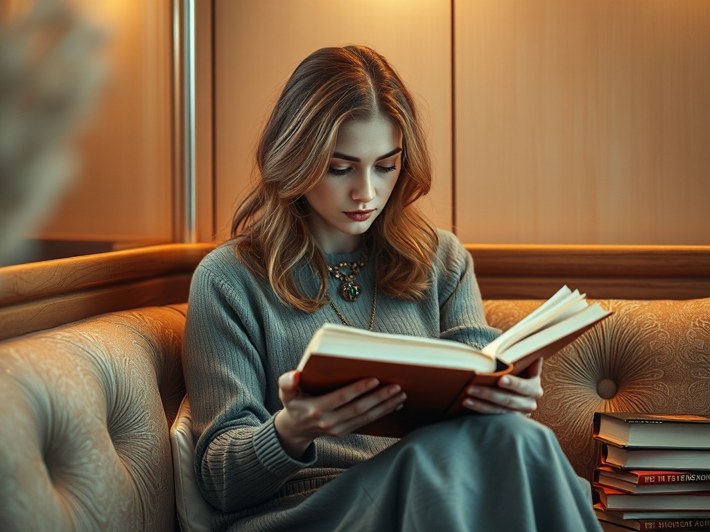Девушка читает книгу на диване в уютном интерьере с мягким освещением и рядом книг.