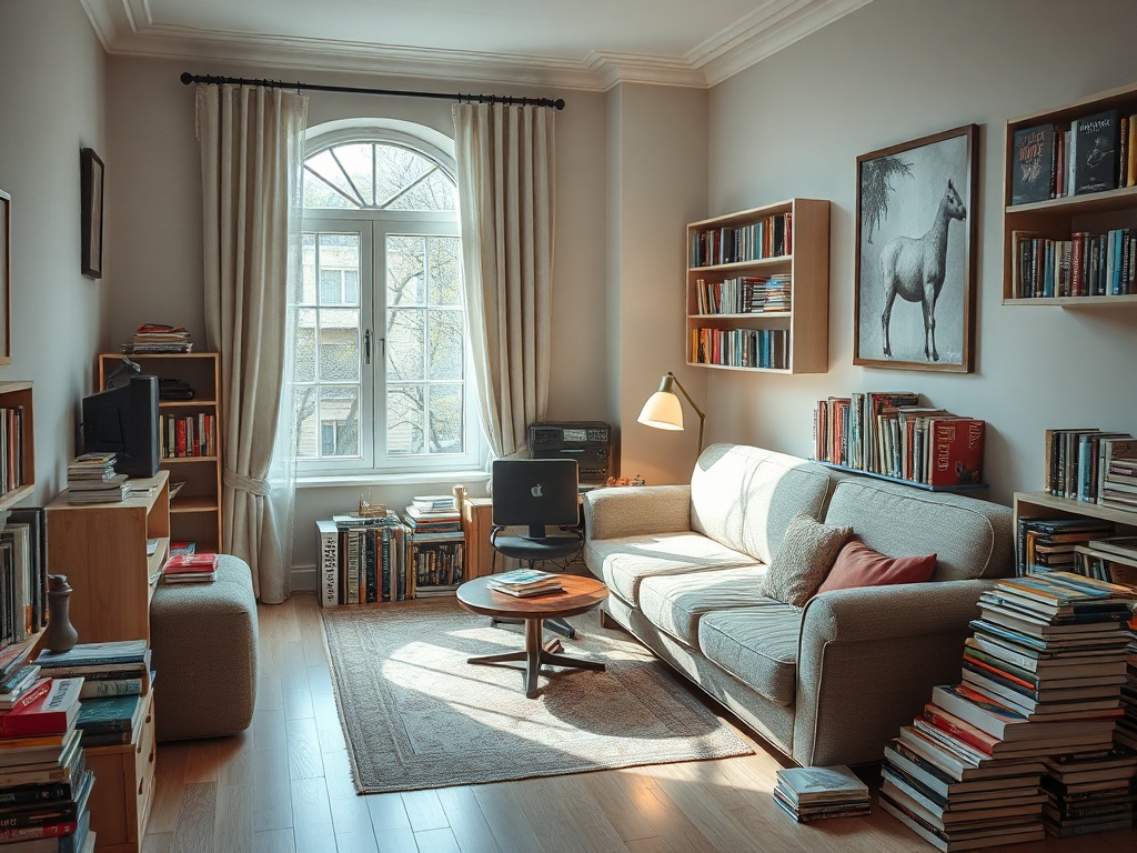 Уютная комната с книгами, диваном, столом и большим окном, наполненная светом и атмосферой спокойствия.