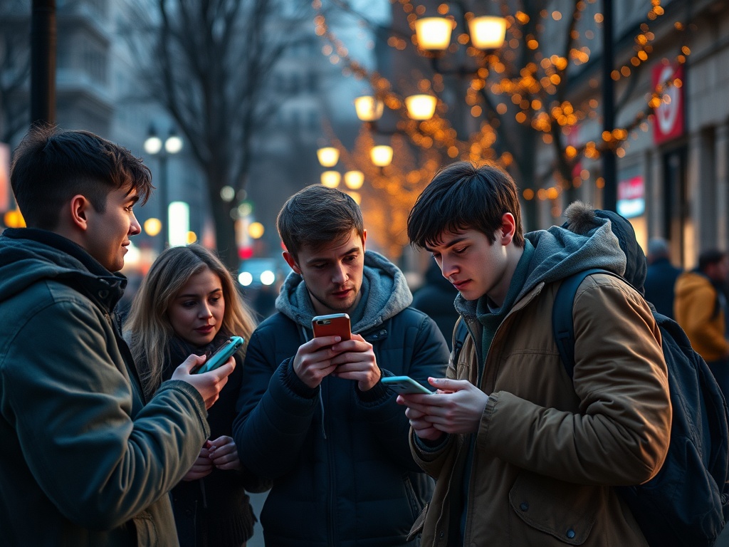 Четыре человека на улице, смотрящие в телефоны, освещенные уличными фонарями и огнями.