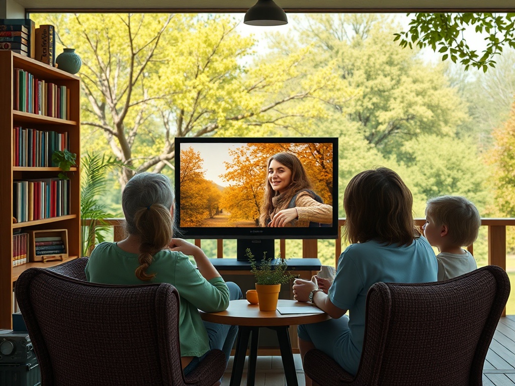 Семья смотрит телевизор, где изображена девушка на фоне осенних деревьев. Уютная домашняя атмосфера.