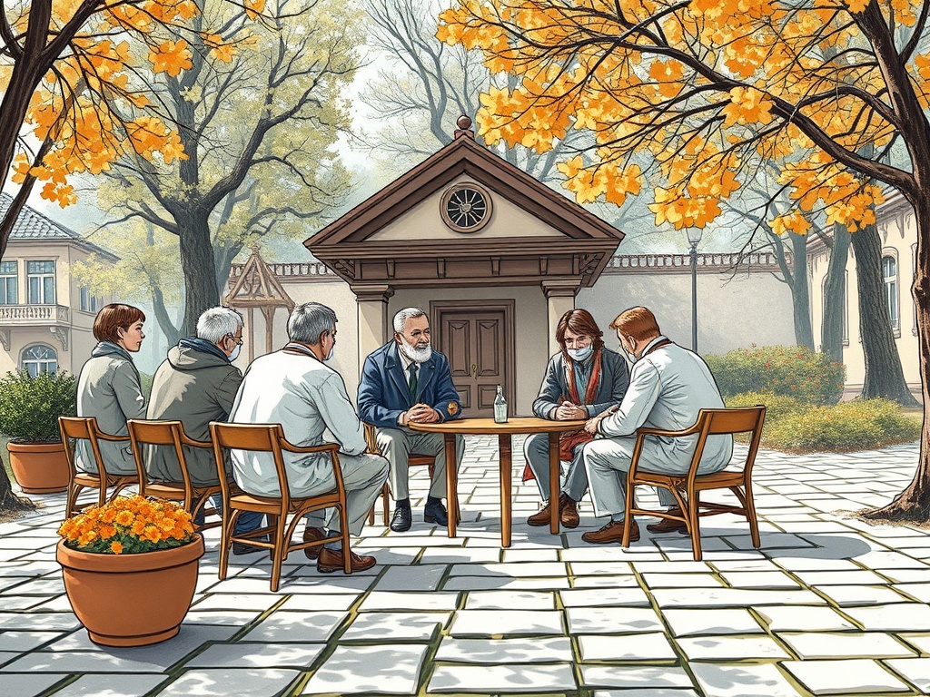 Шесть человек сидят за столом на улице, листопад, беседа на фоне осеннего пейзажа.