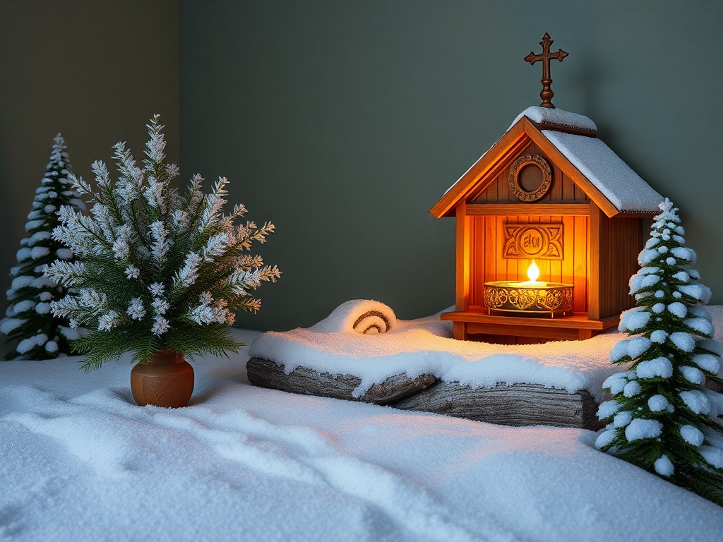 Небольшая сверкающая сцена с домиком, свечой и снежными деревьями на фоне зимнего пейзажа.