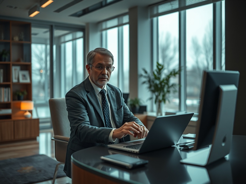 Пожилой мужчина в костюме работает за ноутбуком в офисе с большими окнами и зелеными растениями.