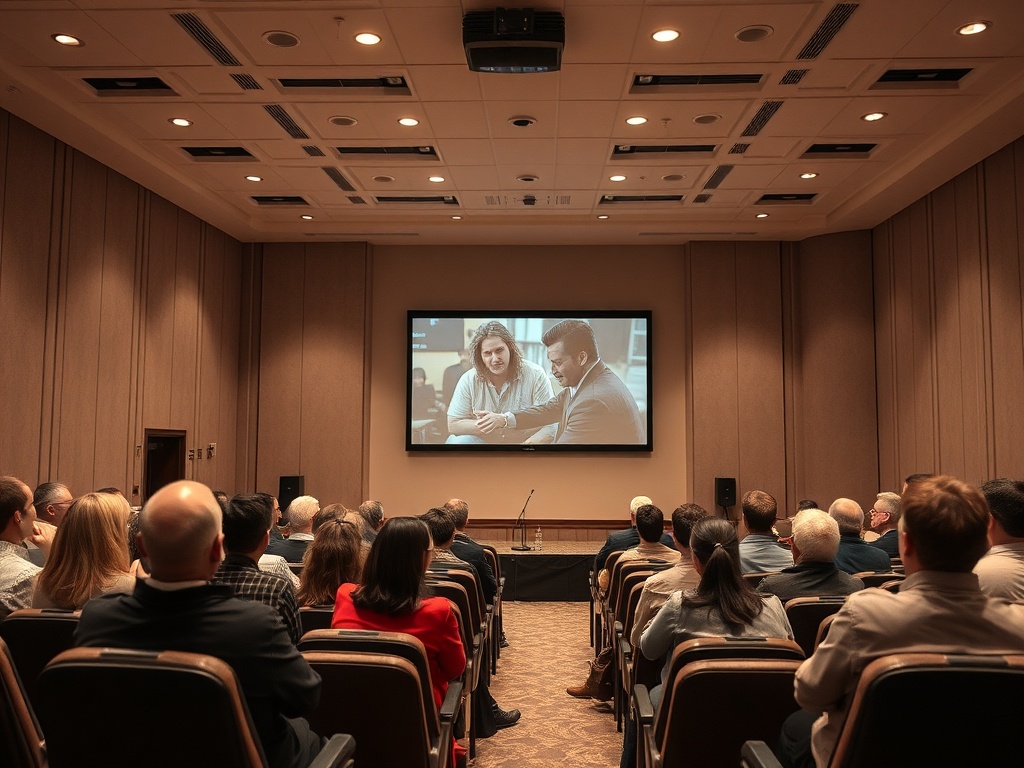 Аудитория, наблюдающая за презентацией на экране, на котором показаны люди в разговоре.