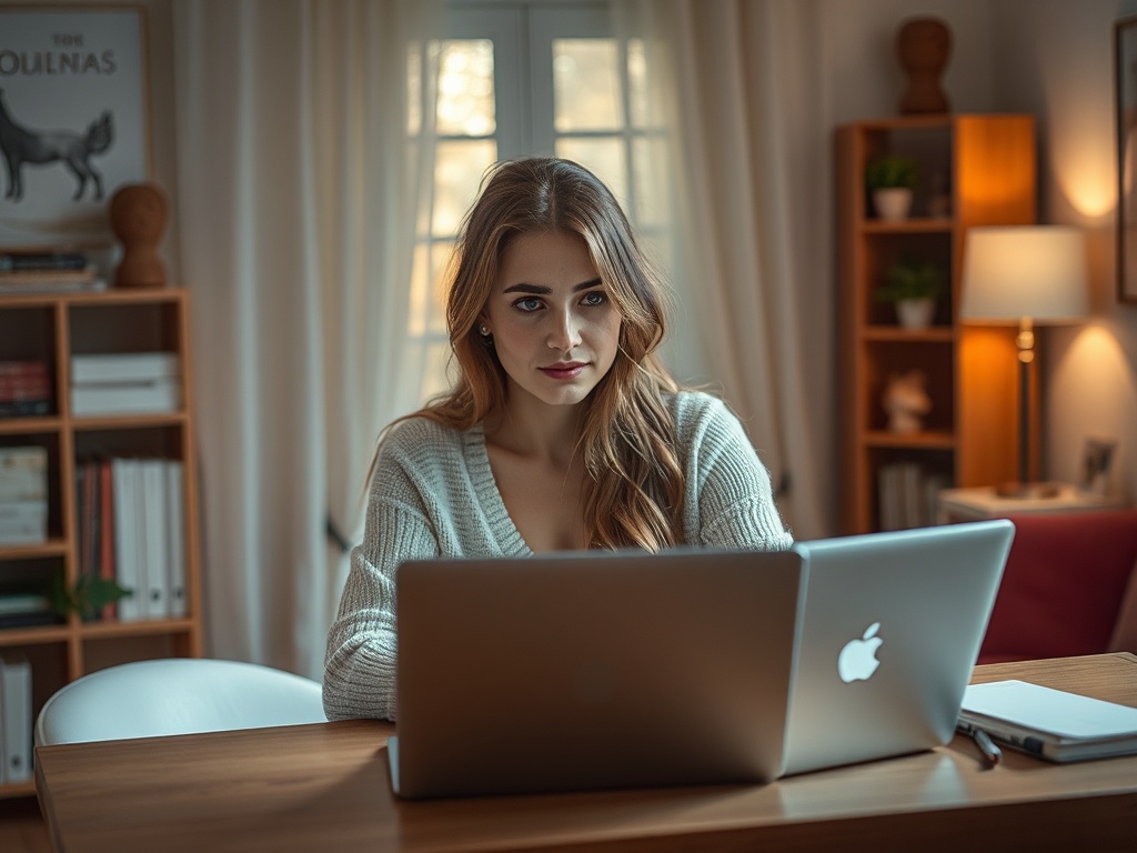 Молодая женщина работает за столом с двумя ноутбуками в уютной домашней обстановке.