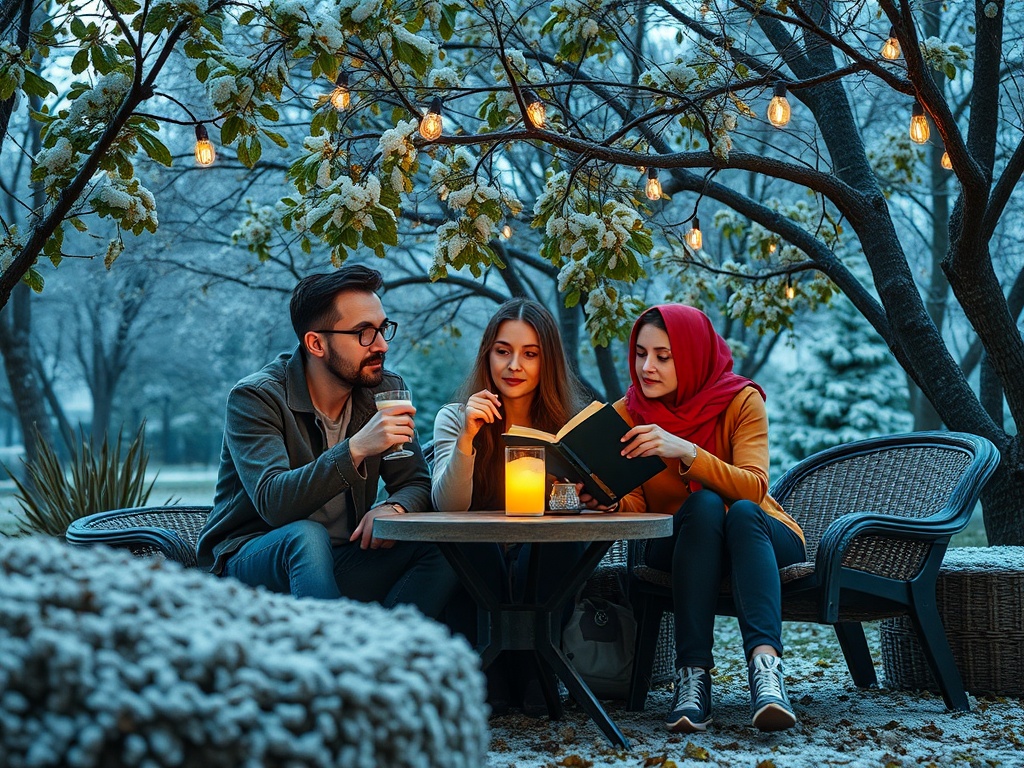 Трое друзей сидят за столом в зимнем парке, читая книгу и наслаждаясь теплом лампочек и чашками напитков.