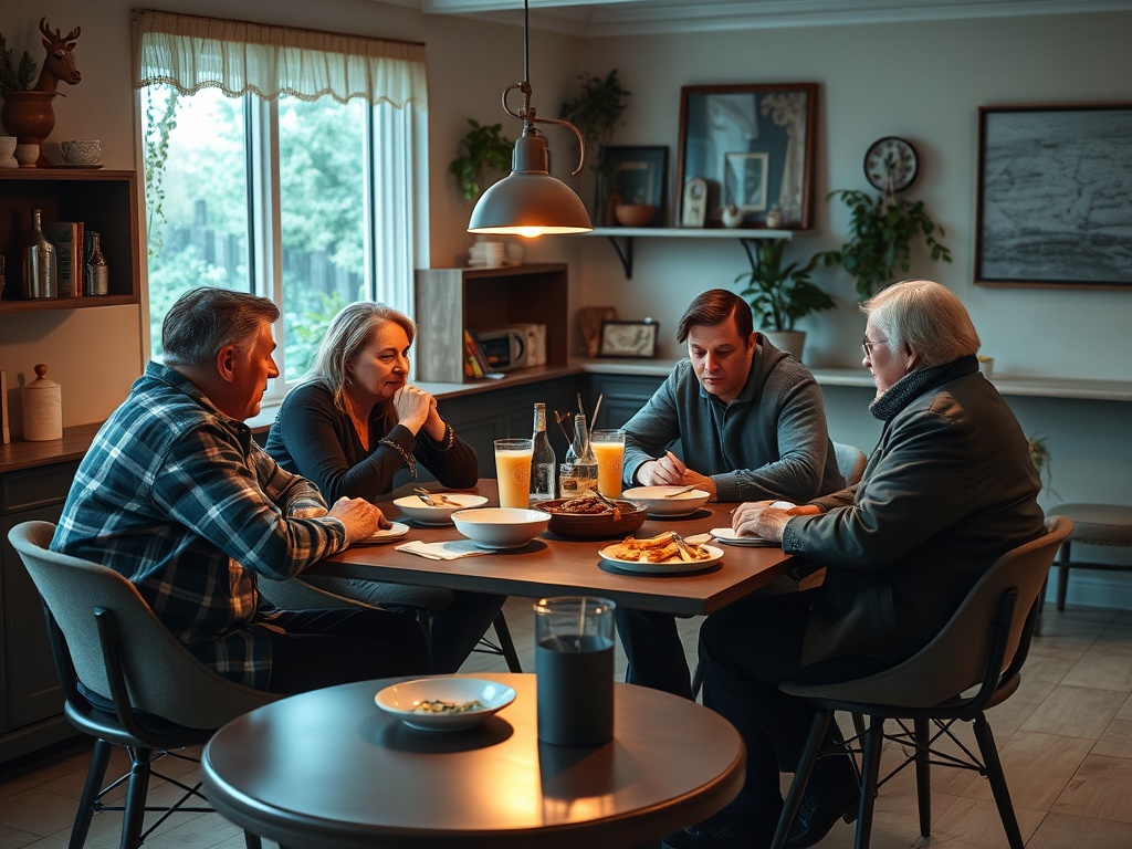 Четыре человека за столом в уютной обстановке, обсуждают что-то важное и делятся едой и напитками.