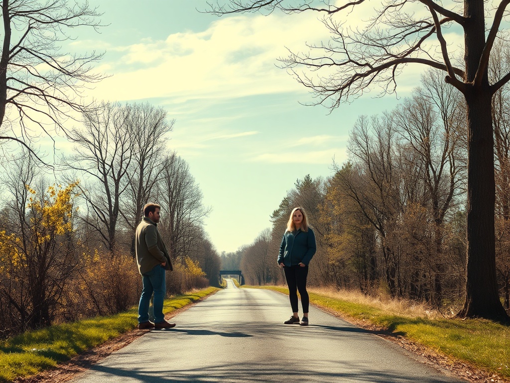 На дороге стоят мужчина и женщина, вокруг деревья, ясное небо и солнечный день.