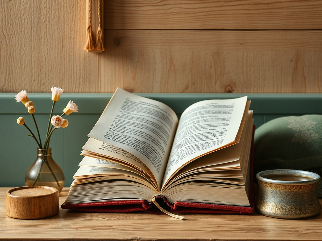 На столе открытая книга, рядом вазочка с цветами и чашка с напитком. Уютная атмосфера для чтения.