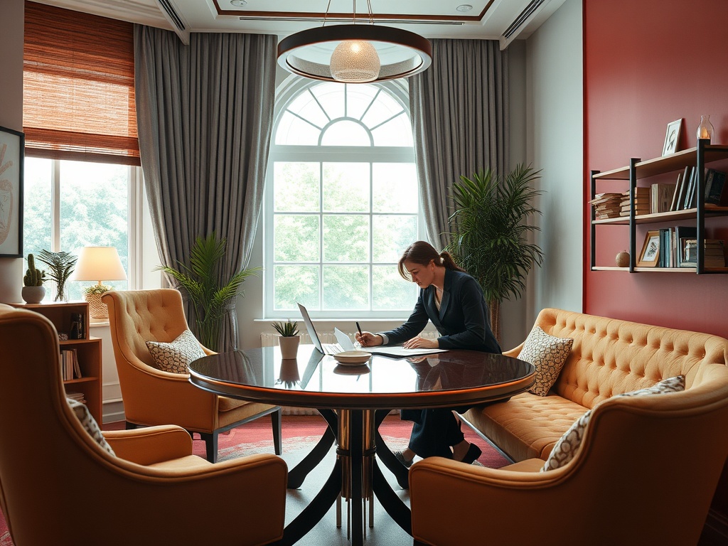В уютном офисе женщина за письменным столом работает, сидя на диване и окруженная растениями.