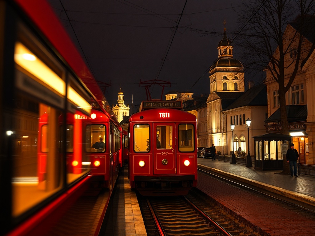 Красные трамваи на улице ночью, фонари и здания с теплым светом создают уютную атмосферу.
