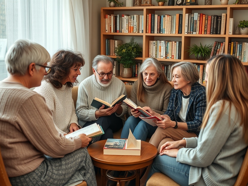 Группа людей сидит в кругу и читает книги, окруженная книжными полками и уютной атмосферой.