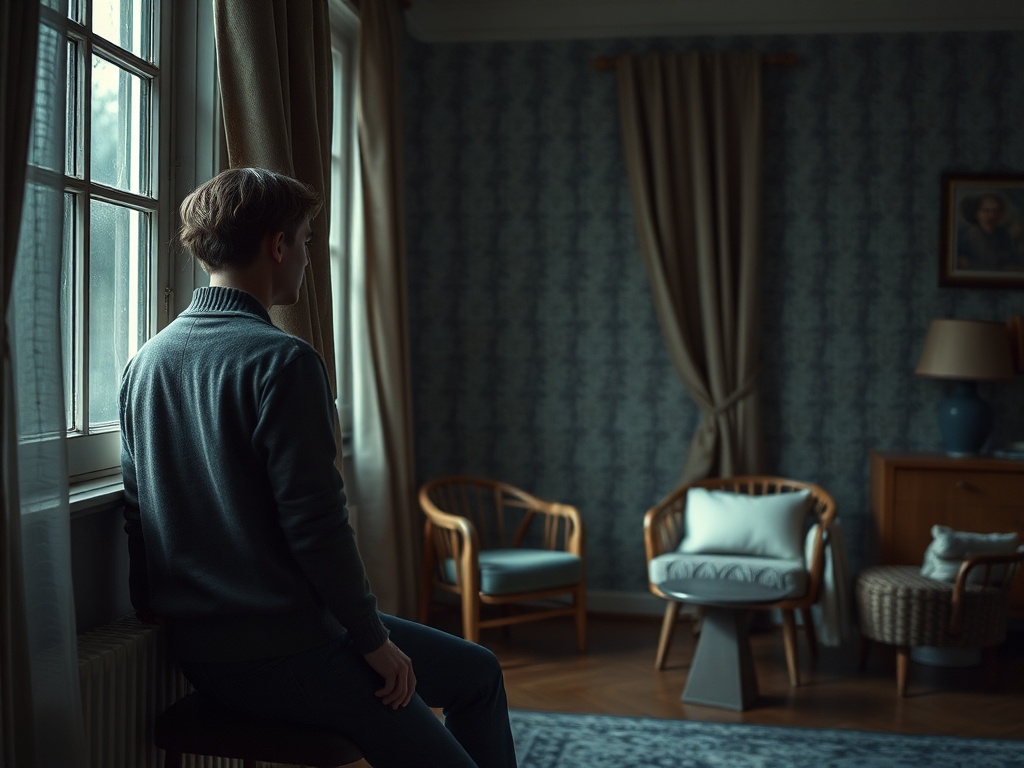 Молодой человек сидит у окна в уютной комнате, задумчиво глядя на улицу. Окружающая обстановка спокойная и теплая.