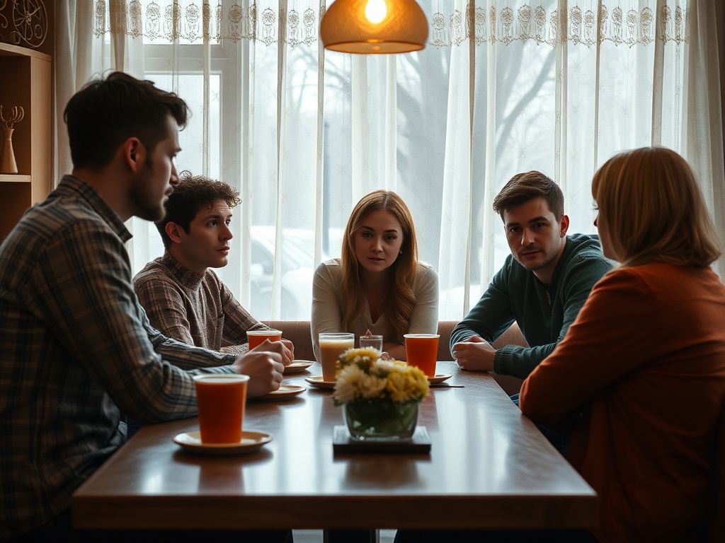 На фотографии группа людей сидит за столом в кафе, обсуждая что-то важное, с напитками и цветами на столе.
