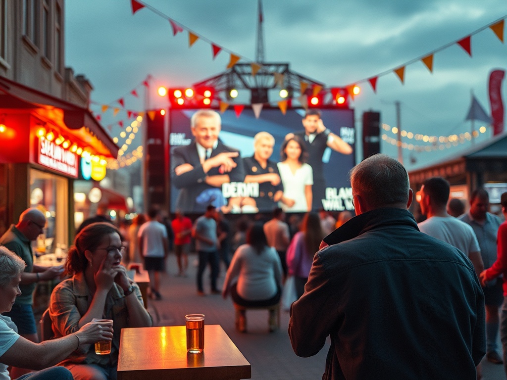 На улице вечер, люди смотрят на большой экран, освещенный огнями, с живописной атмосферой.