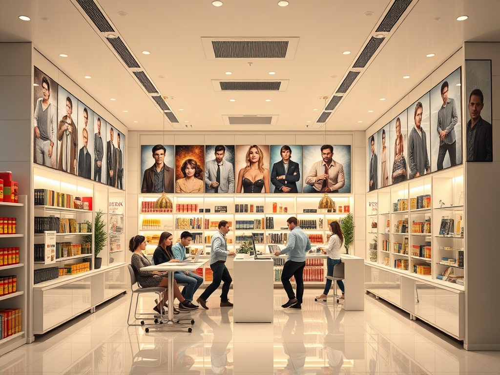 Современная библиотека с изображениями людей на стенах и читателями за столами. Стеллажи с книгами.