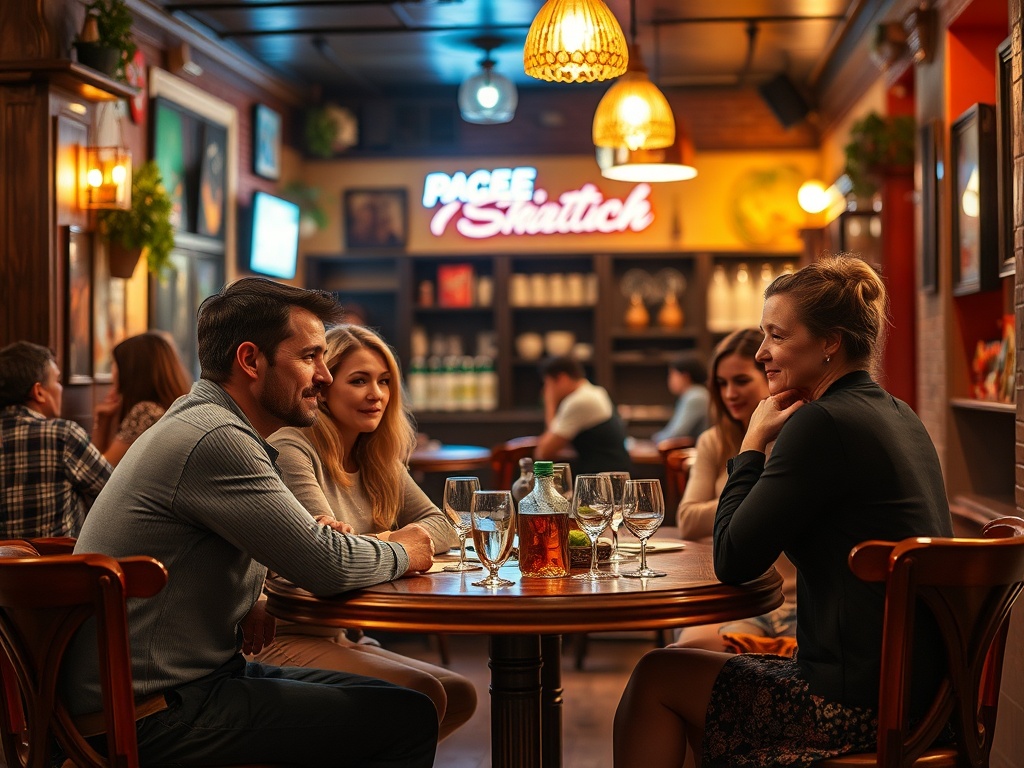 Четыре человека общаются за столом в уютном ресторане с мягким интерьером и напитками.