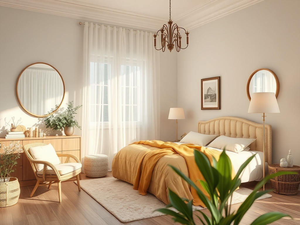 Уютная спальня с мягким освещением, растениями и уютной мебелью, в теплых тонах и стильных деталях.