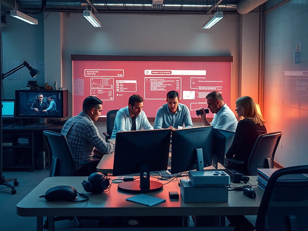 Группа людей обсуждает проект за столом в темном офисе с компьютерами и экраном на стене.
