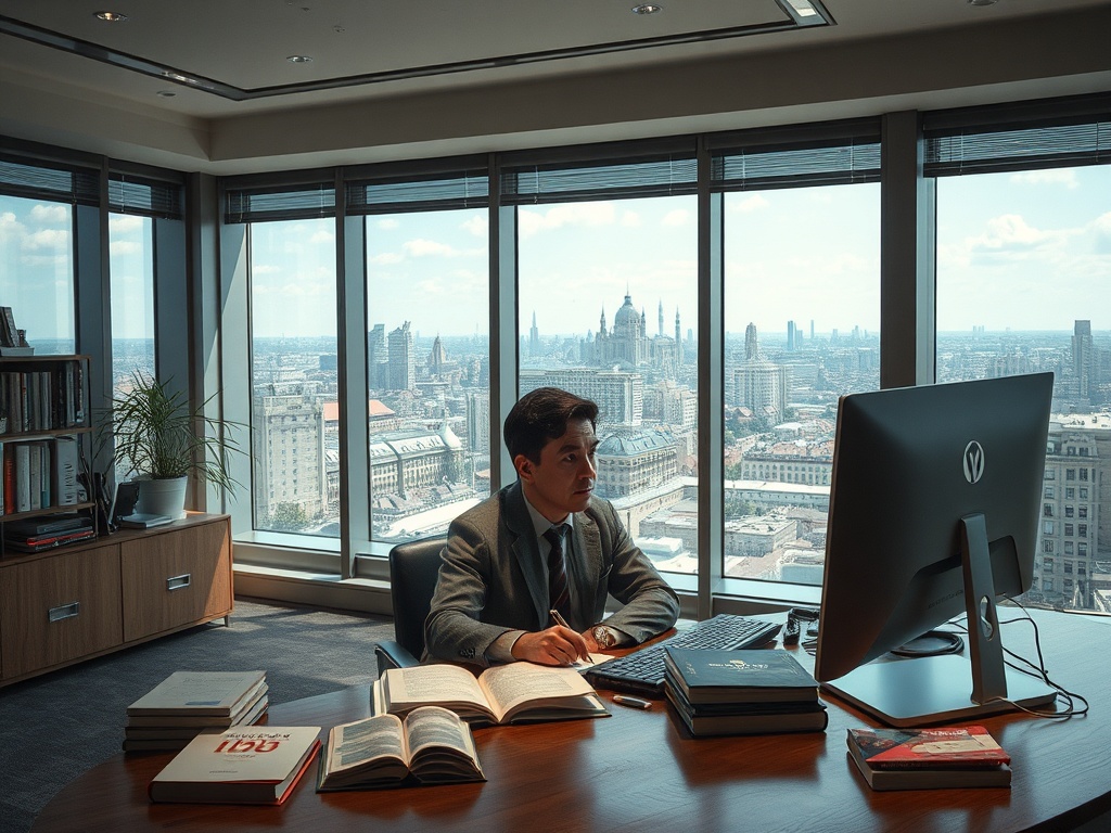 Мужчина в костюме работает в офисе с панорамным видом на город. На столе книги и компьютер.