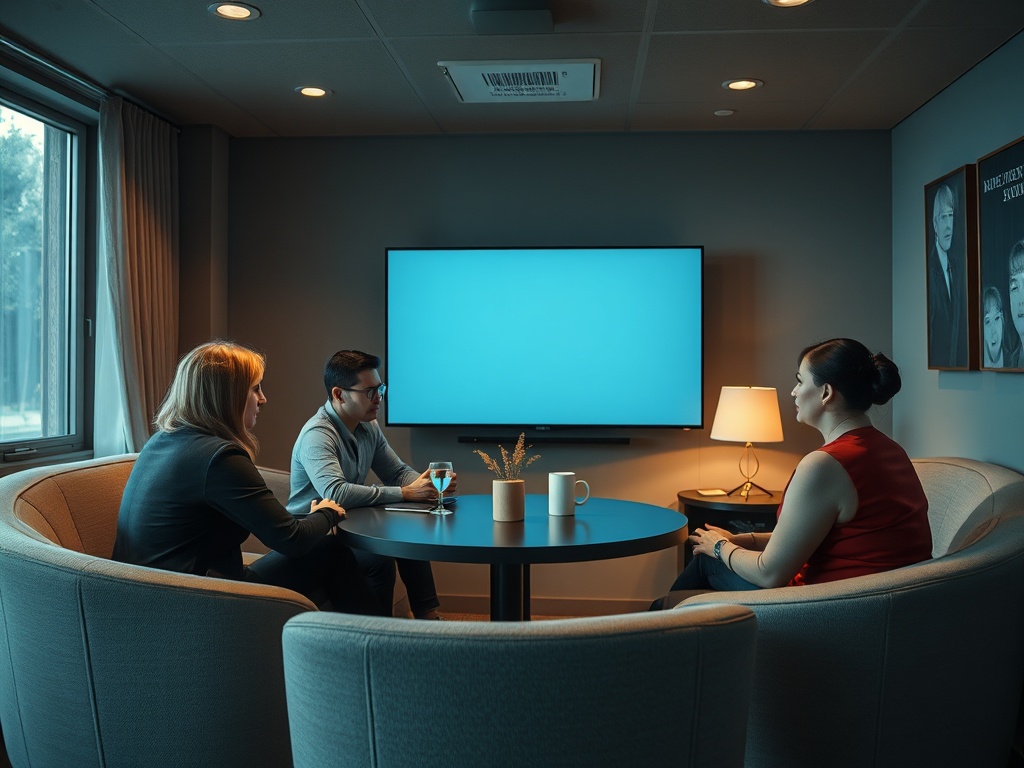 Трое людей обсуждают что-то за круглым столом в уютном помещении с телевизором на стене.