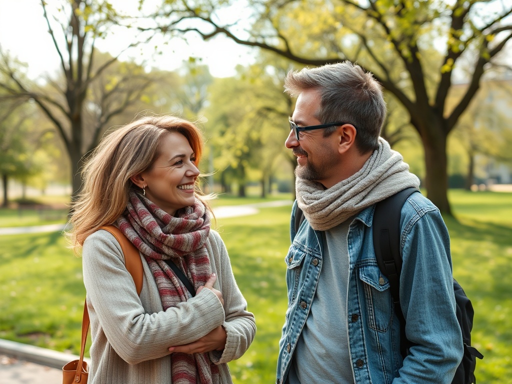 Каждый из них счастлив, они улыбаются и общаются в зеленом парке в осенний день.