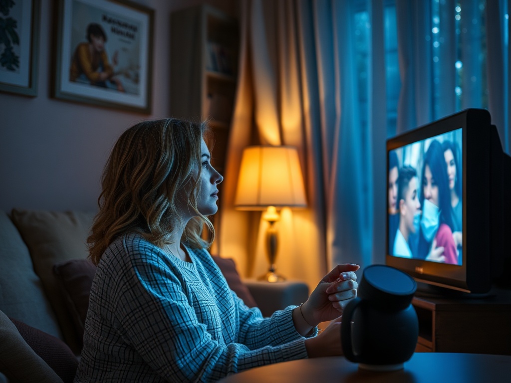 Женщина сидит в темной комнате, смотрит телевизор и держит чашку в руках. Мягкий свет создает уютную атмосферу.
