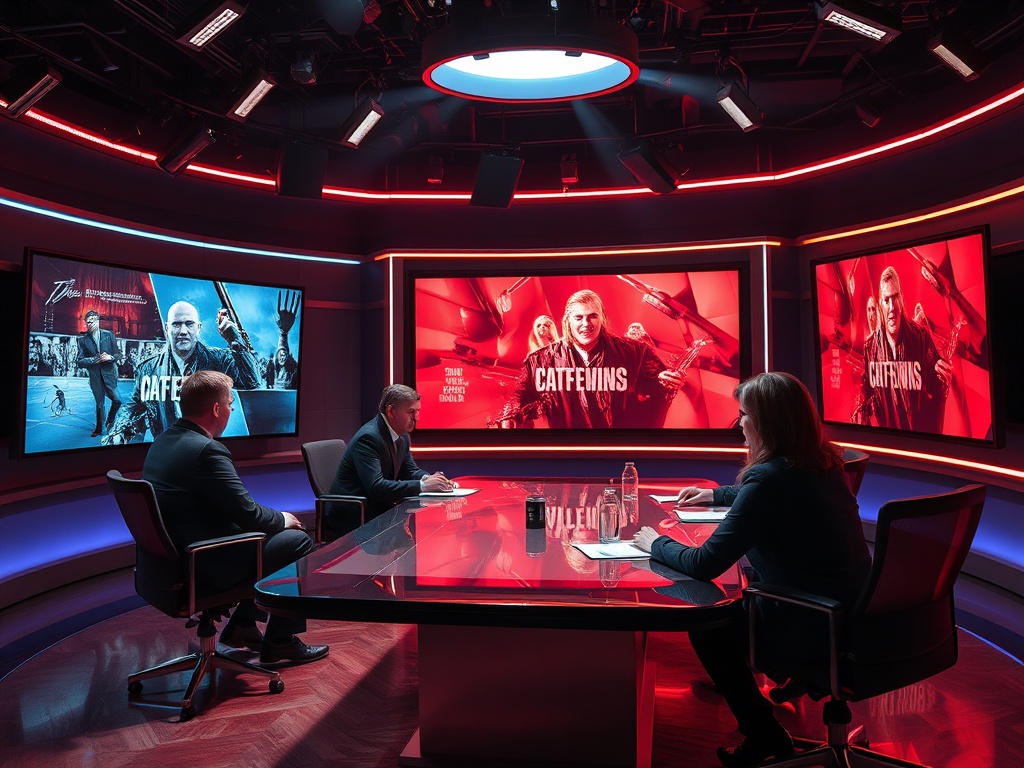 Студия телевидения, три человека за столом, экраны с изображениями из фильма "Кот и Винс".