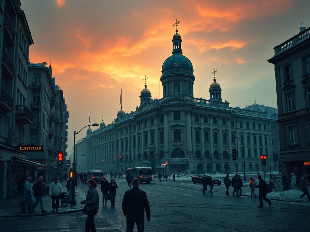 На улице люди переходят дорогу, на фоне здания с куполами и Раскрасным закатом.
