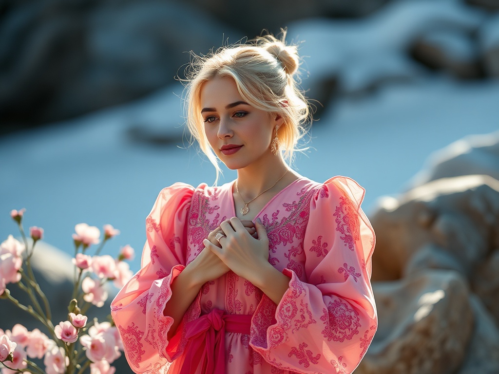 На фото девушка в розовом платье на фоне природы, она нежно держит руки на груди, окружена цветами.