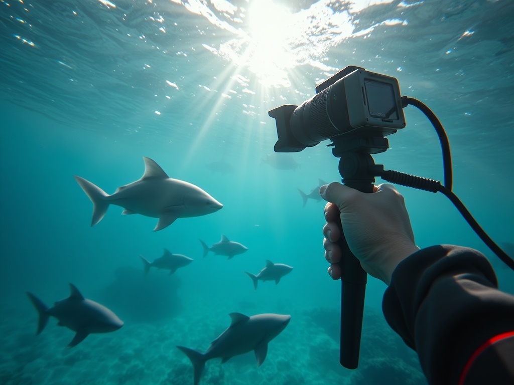 Подводная съемка: рука с камерой, вокруг плавают акулы, солнечный свет пробивается сквозь воду.
