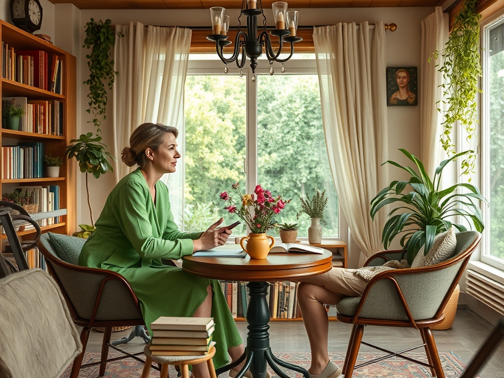 Женщина в зелёном платье беседует за круглым столом в уютной комнате с окнами и растениями.