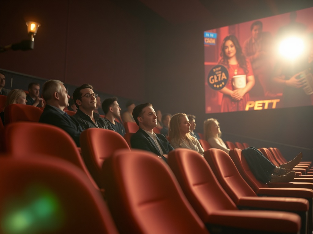 Посетители кинотеатра смотрят фильм, на экране - постер с изображением главных актеров и названием.