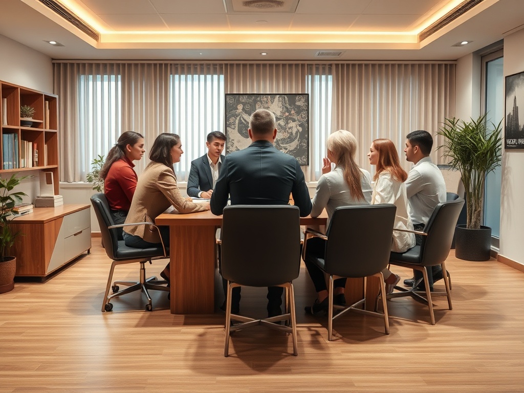 На деловой встрече сидят семь человек за столом в современном офисе с окнами и мягким освещением.