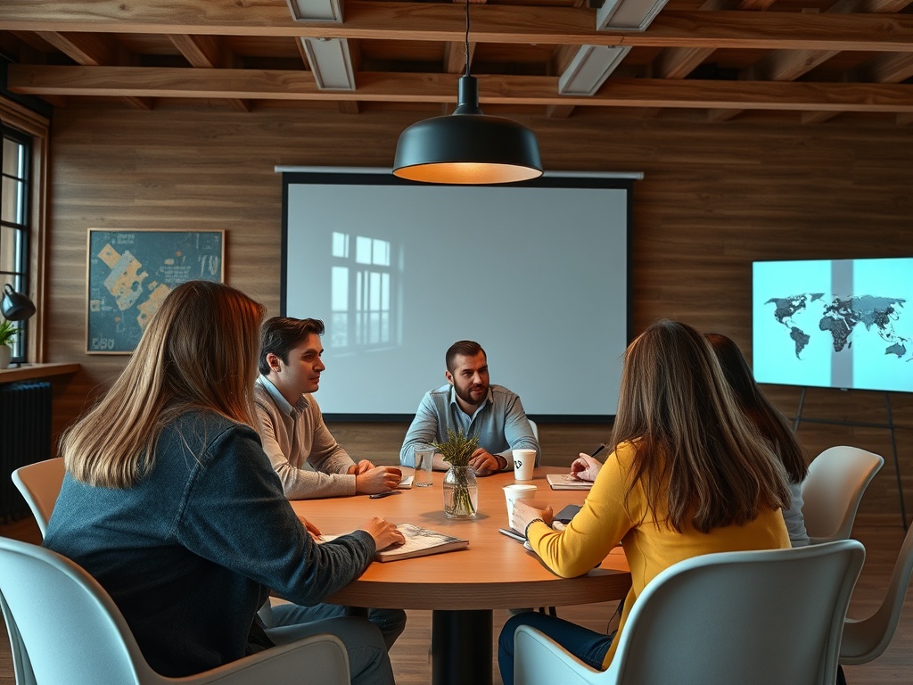 Группа людей проводит встречу в светлом офисе, обсуждая важные вопросы за круглым столом.