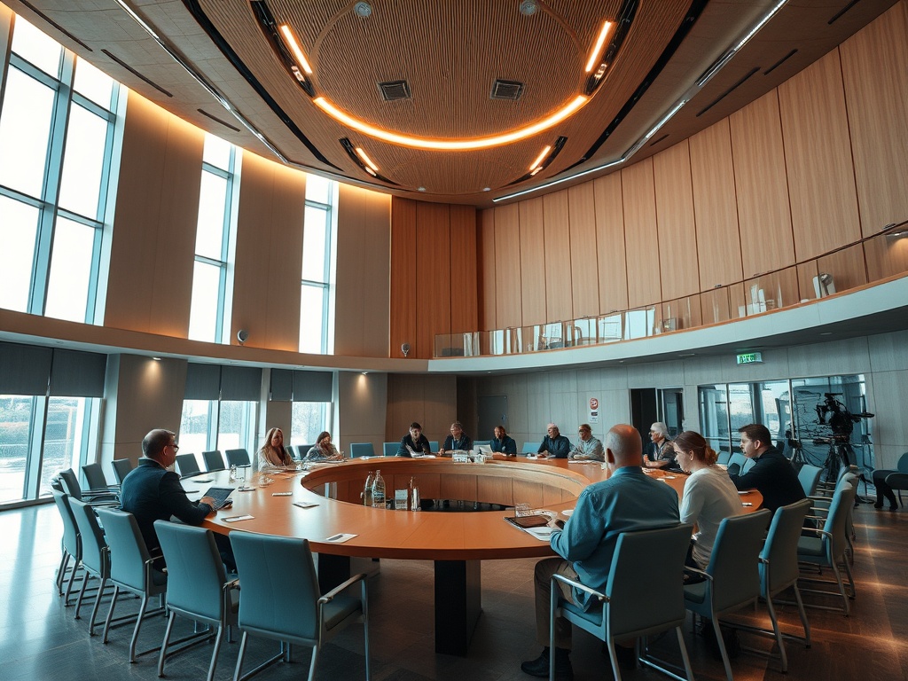Помещение для совещаний, круглый стол, участники обсуждают вопросы, современный интерьер с большими окнами.