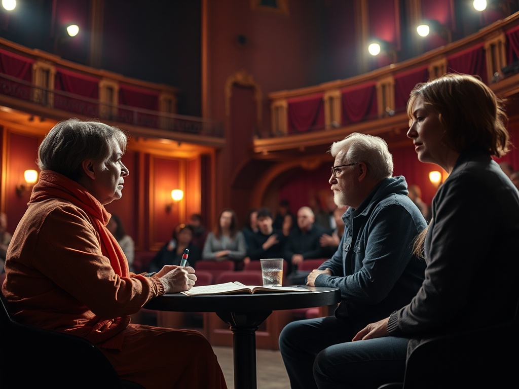 На сцене театра три человека обсуждают что-то серьезное, зрители внимательно слушают.