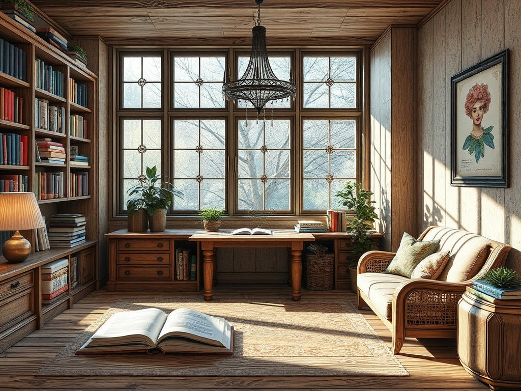 Светлая комната с деревянными стенами, библиотекой, столом, креслом и большими окнами. Чистый и уютный интерьер.