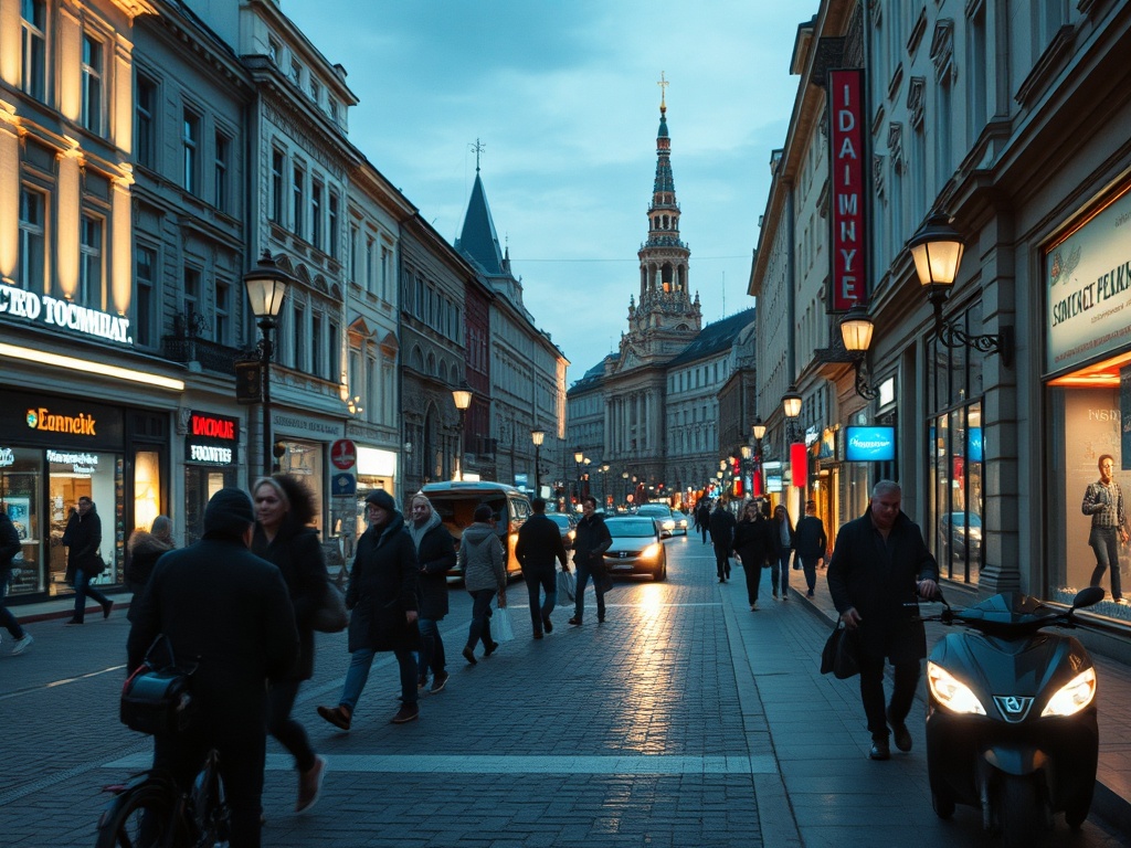 Улица с прохожими и магазинами, вечернее освещение и высокая башня на фоне.