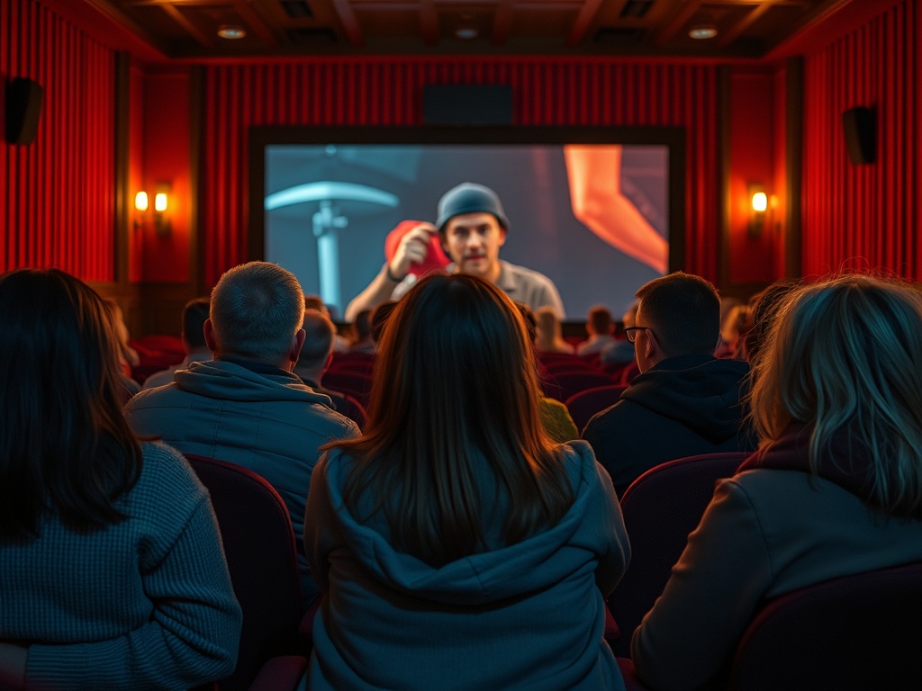 Зрители в кинотеатре смотрят фильм, экран освещён, интерьер оформлен в красном цвете.