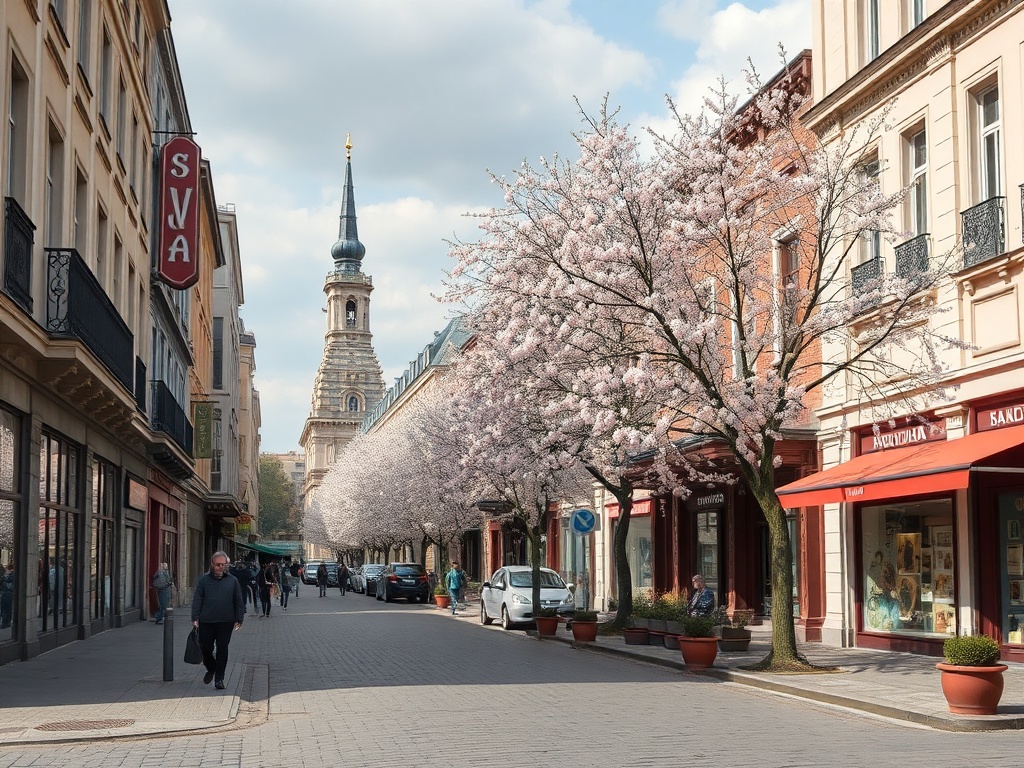 Улица с нежно-розовыми цветами деревьев и исторической часовней на заднем плане в ясный день.