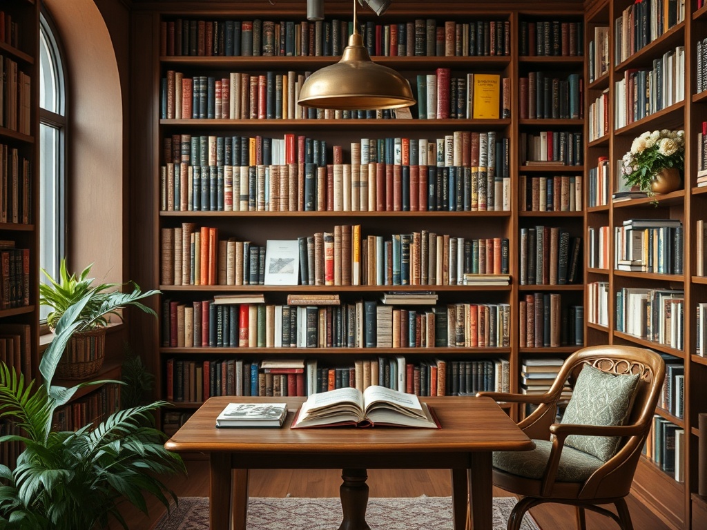 Уютный библиотечный уголок с книжными полками, столом и креслом, окруженный зеленью растений.