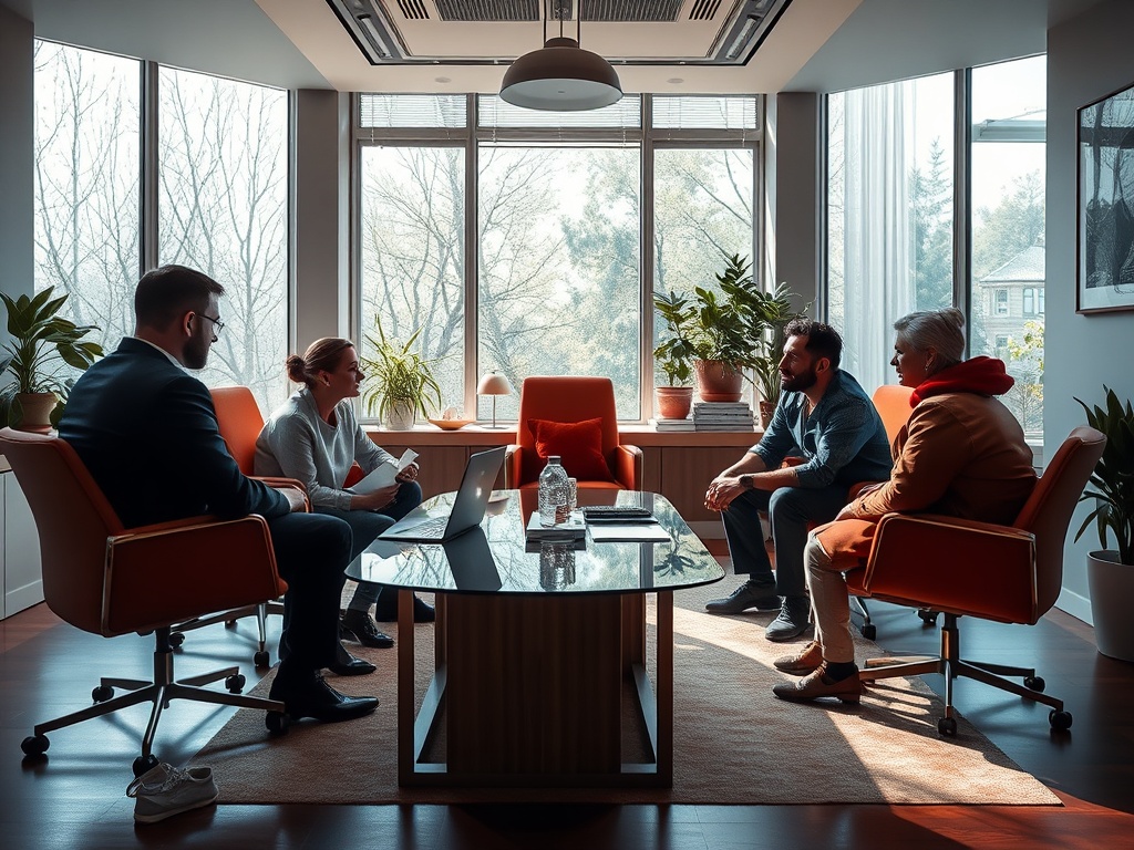 В современном офисе группа людей обсуждает идеи за столом. Светлое помещение с окнами и растениями.