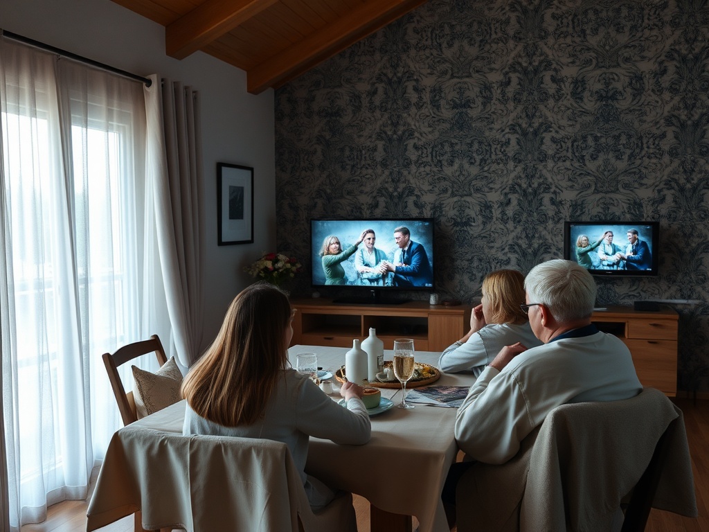 Четыре человека за столом смотрят телевизор, на столе еда и напитки. Уютная обстановка в комнате.