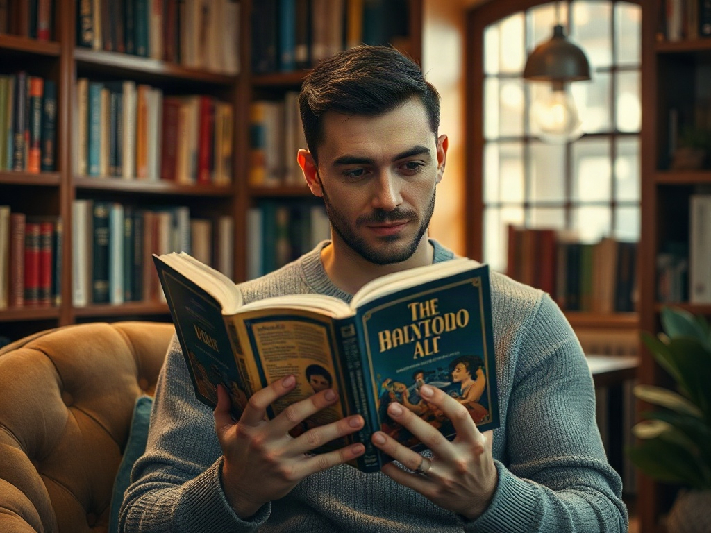 Молодой мужчина читает книгу в уютной библиотеке, окруженный полками с книгами.