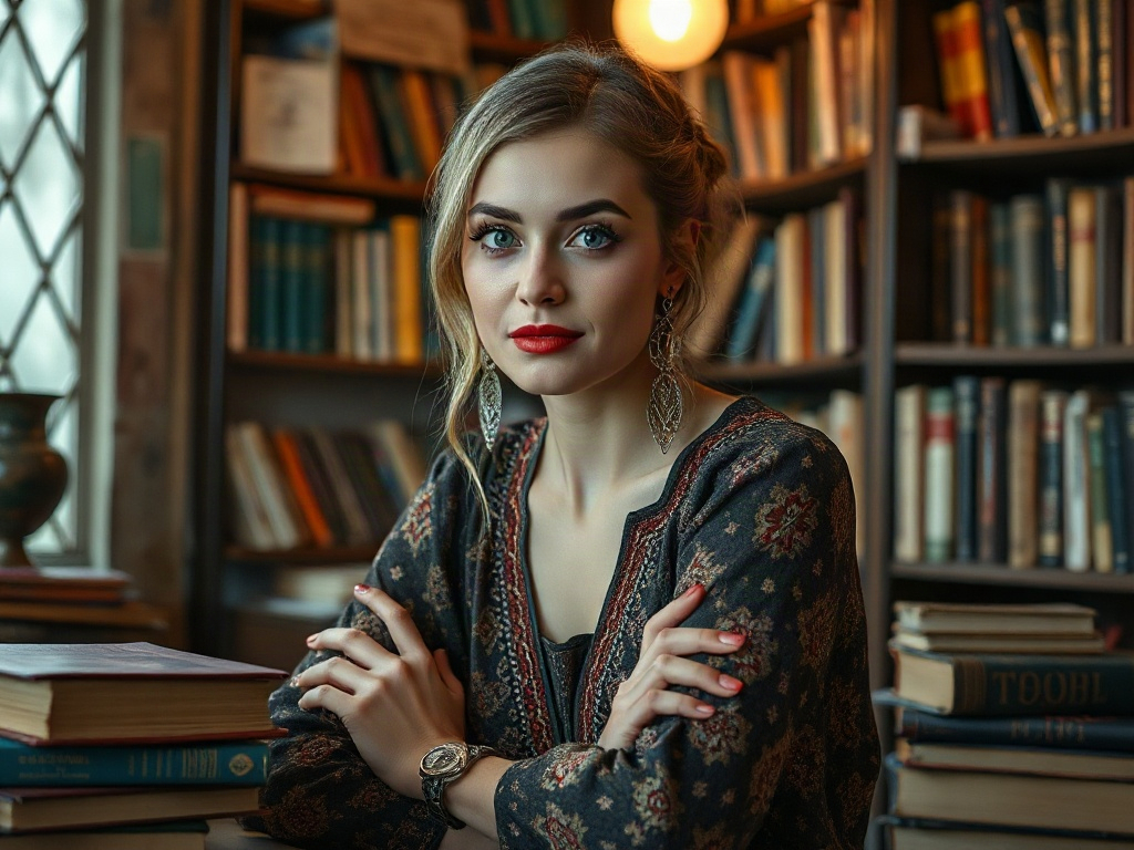 Молодая женщина с длинными волосами и серьгами, сидит у стеллажа с книгами, задумчиво смотрит в камеру.