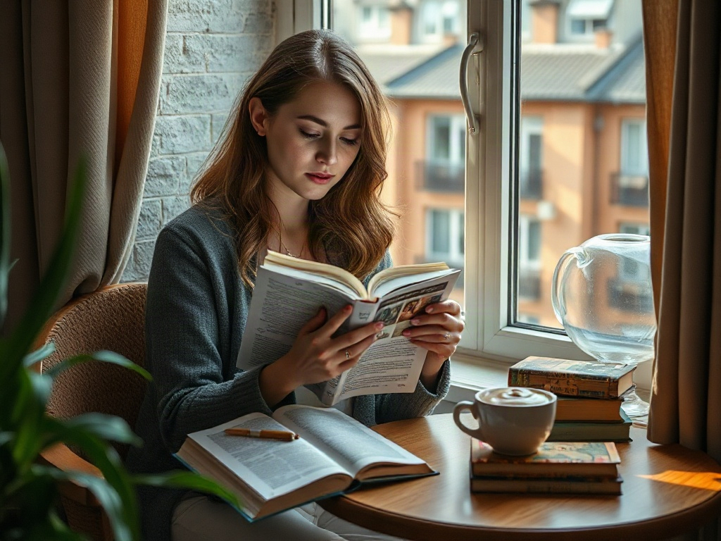 Молодая женщина читает книгу у окна, на столе чашка кофе и несколько книг. Внешний уютный интерьер.
