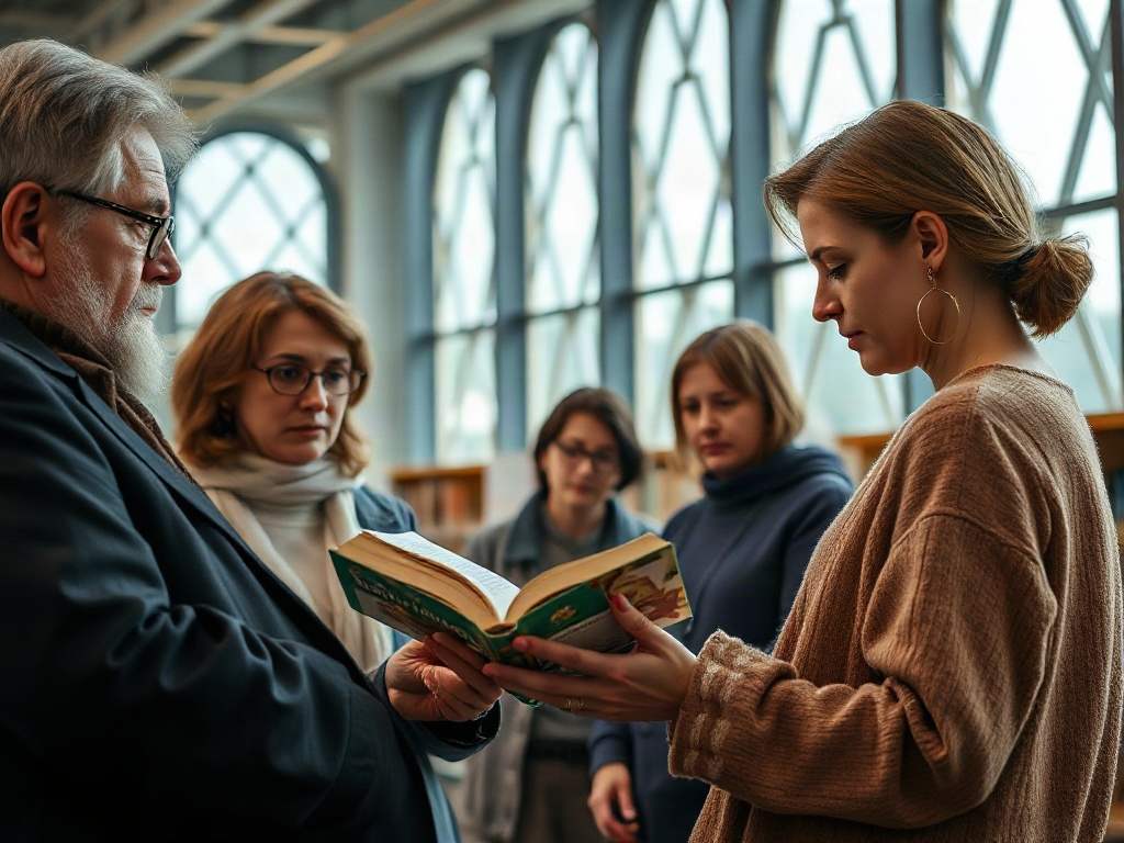 Группа людей обсуждает книгу в библиотеке, внимательно смотря на страницы и слушая друг друга.